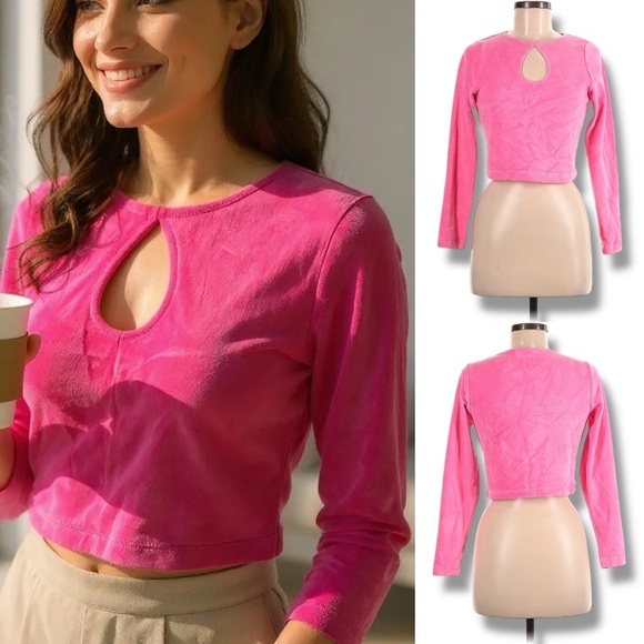 193 ASOS Design | NWOT Turkey Pink Keyhole Velour Long Sleeve Crop Top (US 8P) - Picture 1 of 10